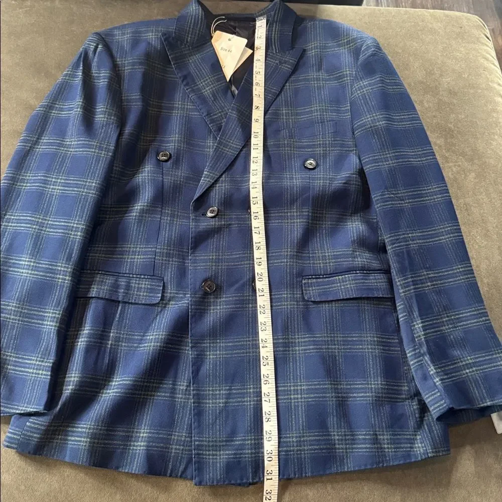 Men’s Blue Plaid 3 Piece Double Breasted Suit Peak Lapel 44 Jacket 40 Pants NEW
